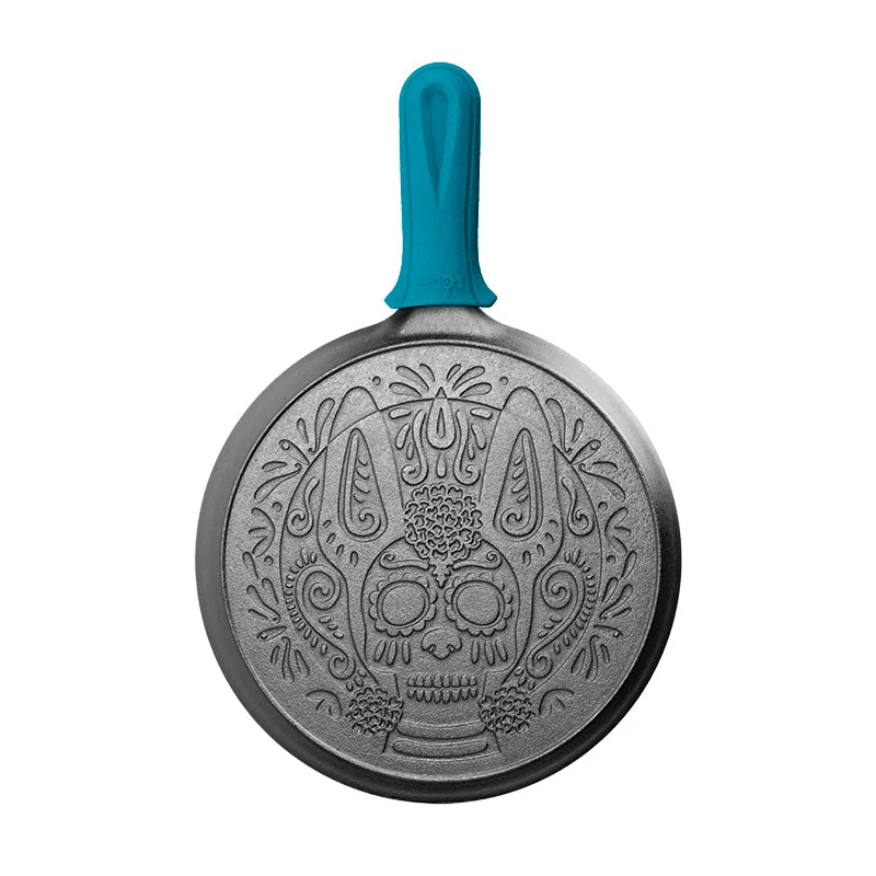 10.5 Inch Seasoned Cast Iron Xolo Sugar Skull Griddle with Deluxe Handle Holder - Image 11